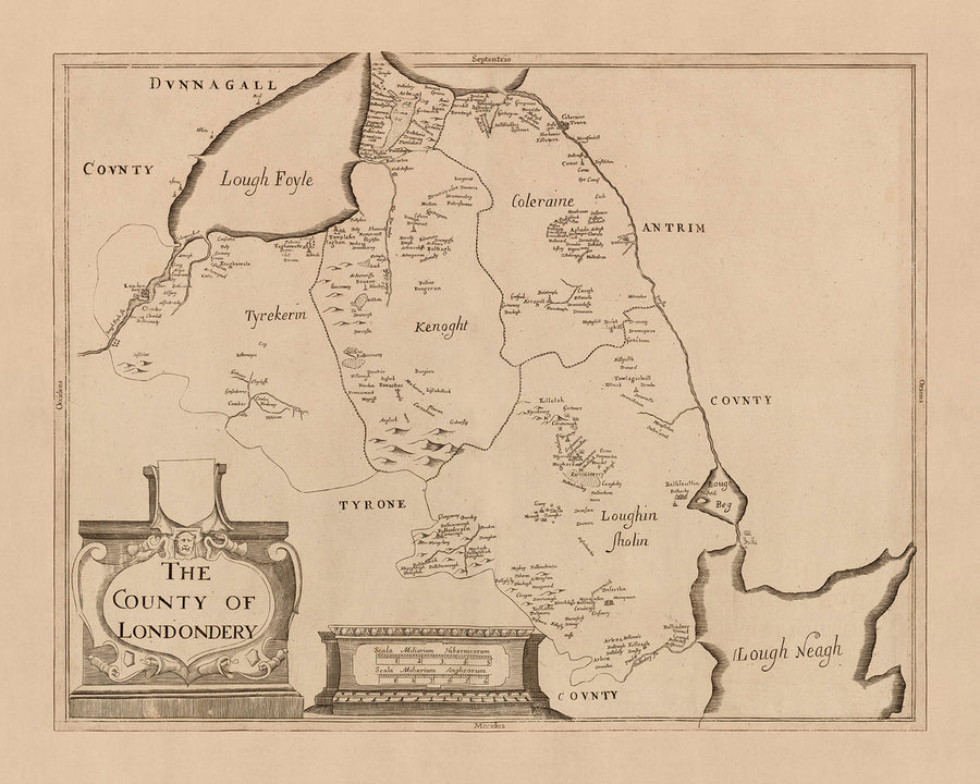 Alte Karte des County Londonderry von Petty, 1685: Ballymoney, Portrush, Coleraine, Limavady, Downhill Demesne, Roe Valley 