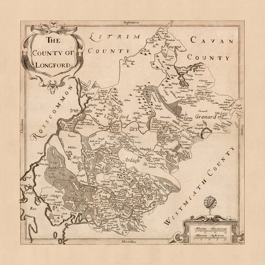 Mappa antica della contea di Longford di Petty, 1685: Kenagh, Lanesborough, Ballymahon, Edgeworthstown, Abbeyshrule 