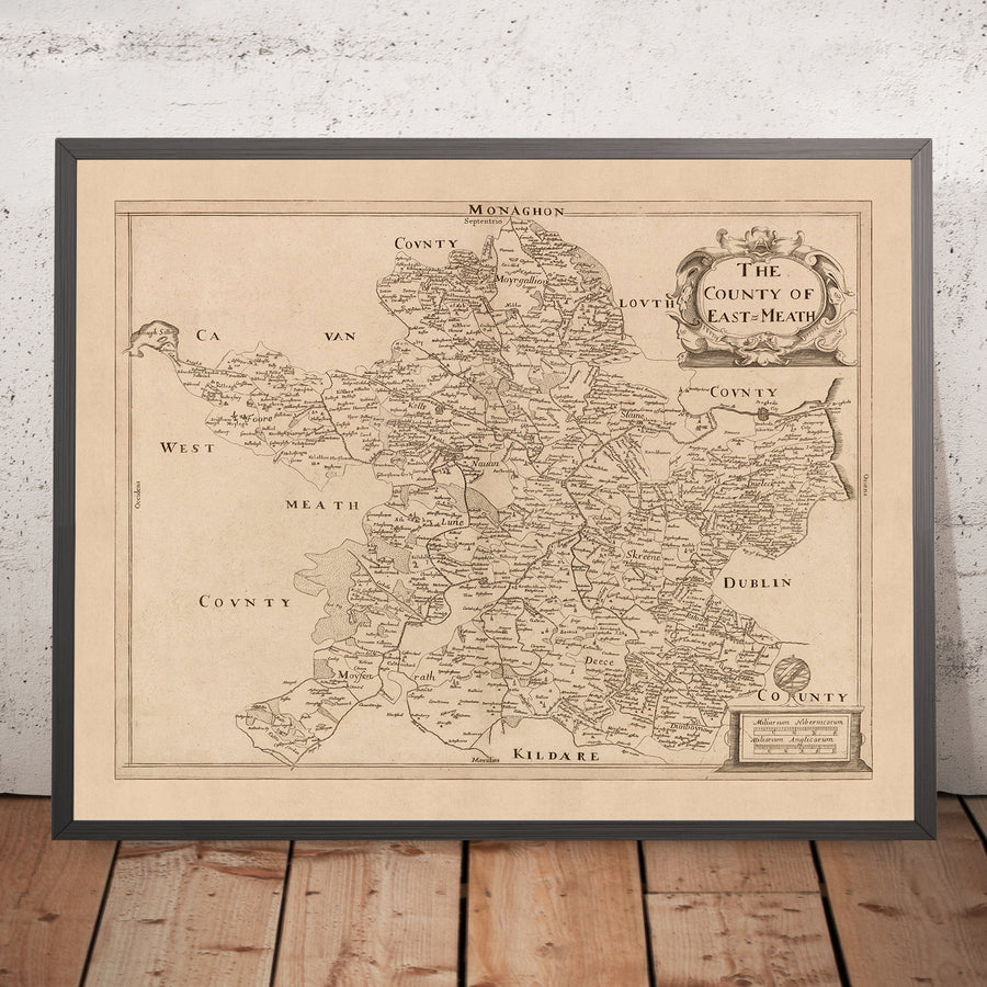 Ancienne carte du comté de Meath (Meath Est) par Petty, 1685 : Trim, Navan, Kells, Ashbourne, Drogheda, Skerries 