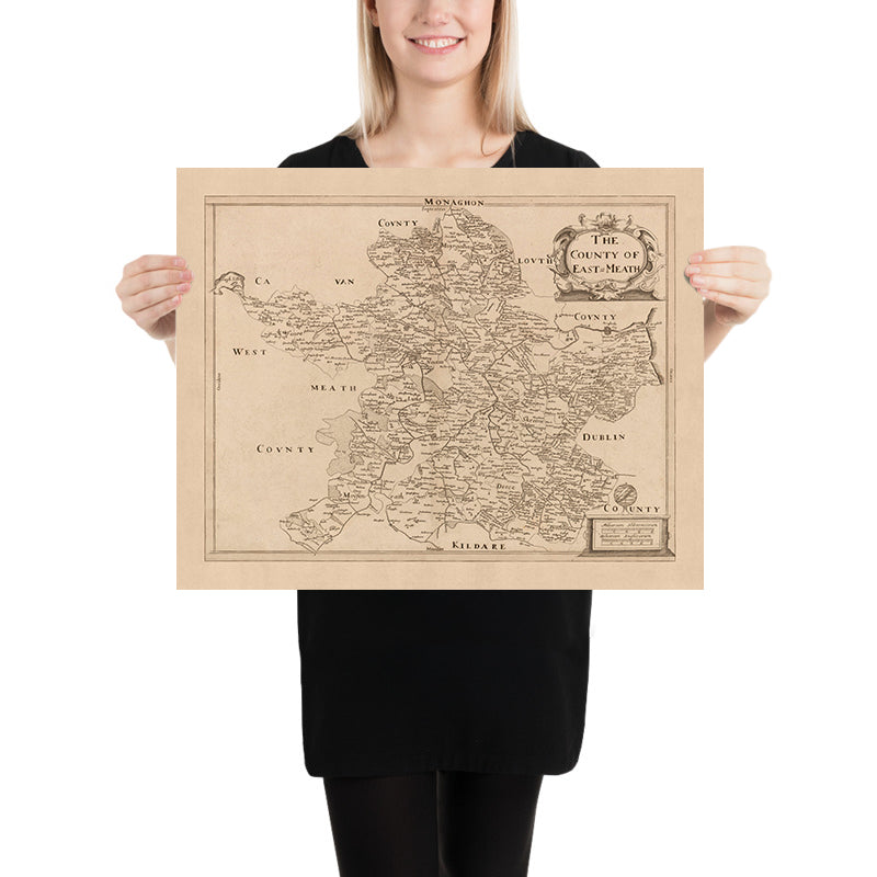 Ancienne carte du comté de Meath (Meath Est) par Petty, 1685 : Trim, Navan, Kells, Ashbourne, Drogheda, Skerries 