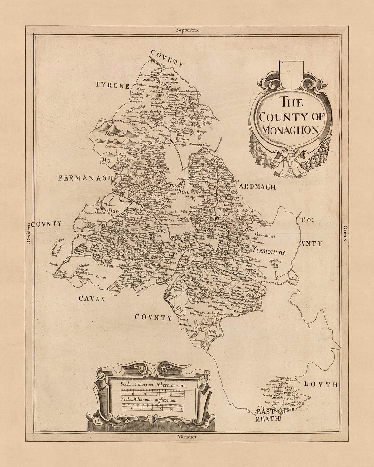 Mapa antiguo del condado de Monaghan, 1685: Monaghan, Glaslough, Castleblaney, Clones, Ballybay