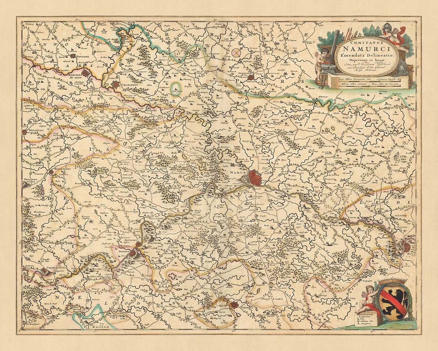 Carte ancienne du Comté de Namur par Visscher, 1690 : Charleroi, Dinant, Sambreville, Huy, Gembloux