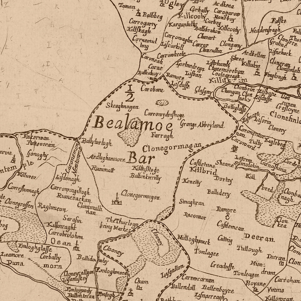 Mapa antiguo del condado de Roscommon por Petty, 1685: Athlone, Boyle, Roscommon, Strokestown, detallado político y físico