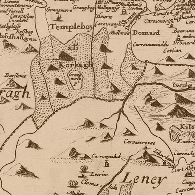 Ancienne carte du comté de Sligo par Petty, 1685 : Sligo, Knocknarea, Lough Gill, Benbulben, Ox Mountains