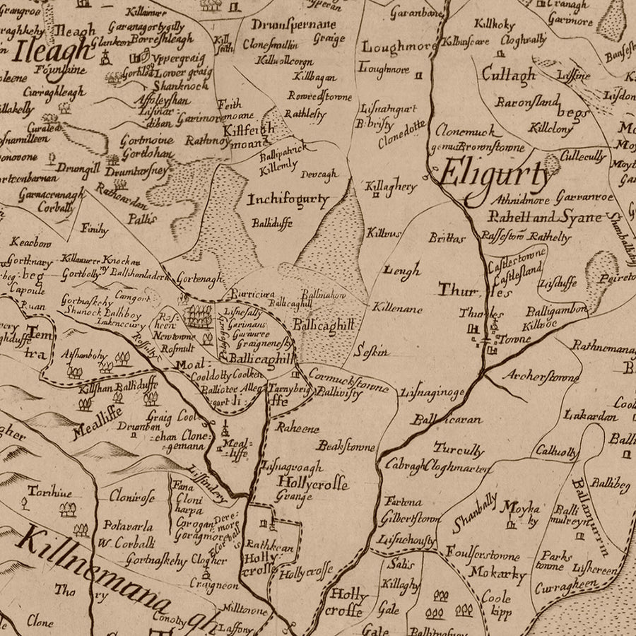 Ancienne carte du comté de Tipperary par Petty, 1685 : Cashel, Clonmel, Fethard, Nenagh, Roscrea