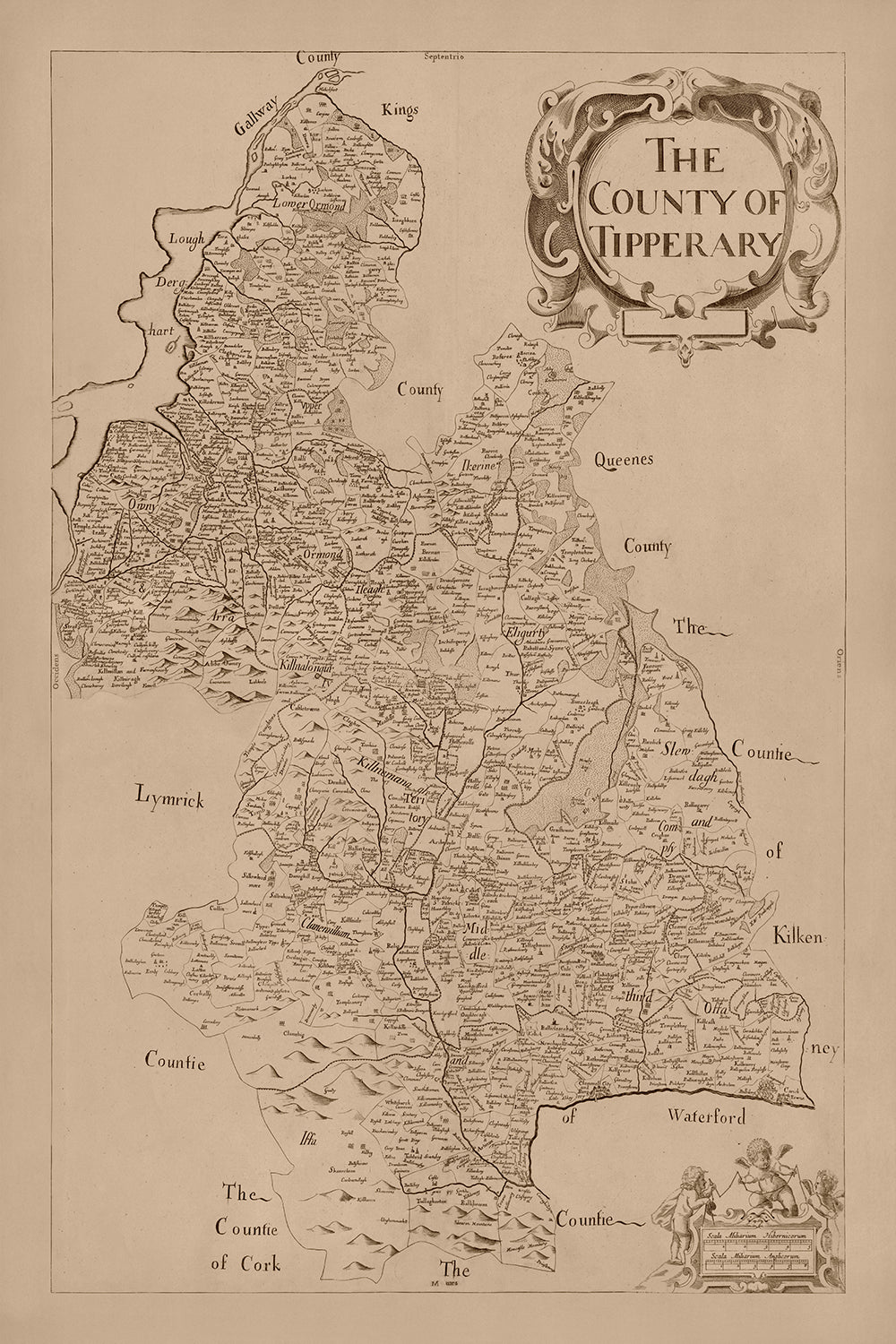 Alte Karte der Grafschaft Tipperary von Petty, 1685: Cashel, Clonmel, Fethard, Nenagh, Roscrea