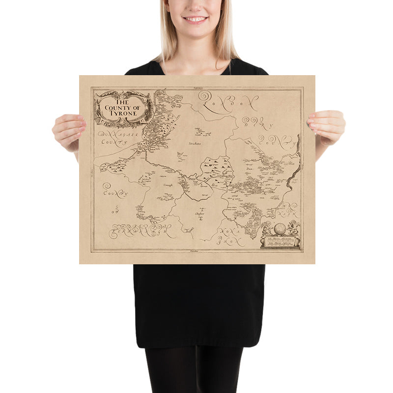 Ancienne carte du comté de Tyrone par Petty, 1685 : Strabane, Omagh, montagnes Sperrin, canal d&