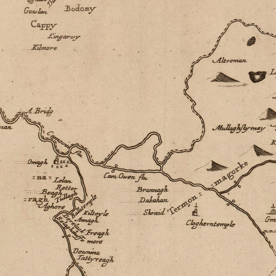 Ancienne carte du comté de Tyrone par Petty, 1685 : Strabane, Omagh, montagnes Sperrin, canal d&