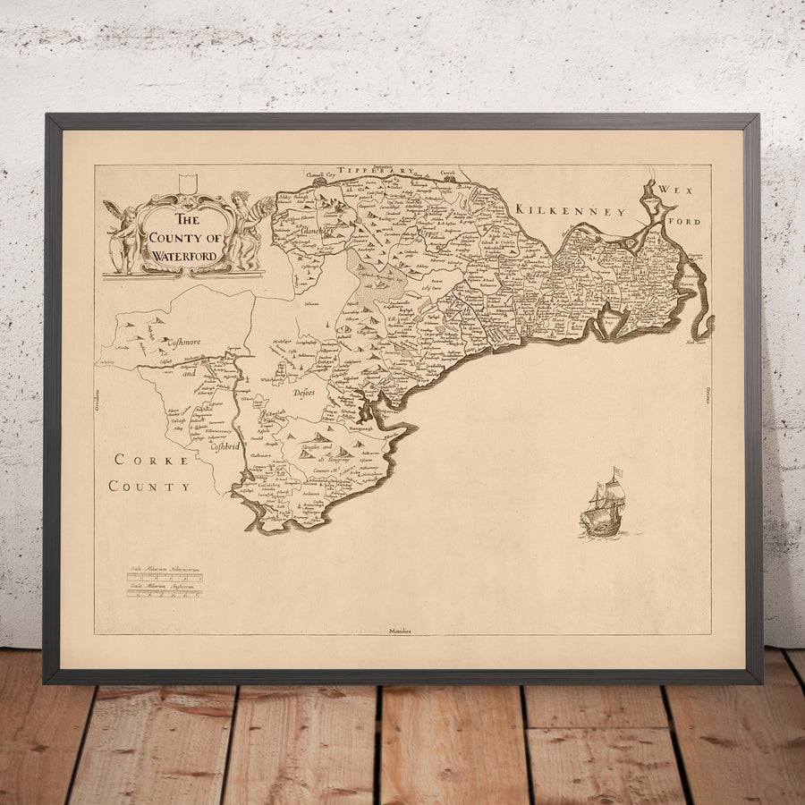 Old Map of County Waterford by Petty, 1685: Waterford, Lismore, Tallow, Youghal, Cappoquin