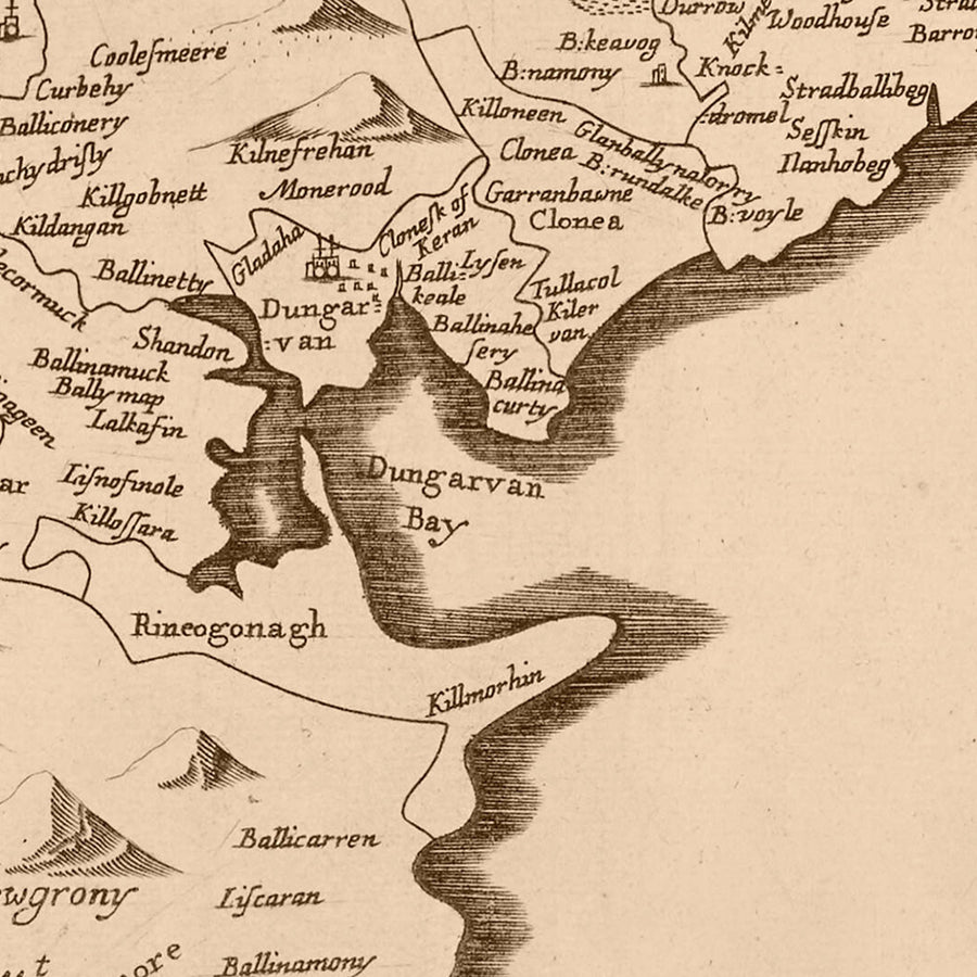 Old Map of County Waterford by Petty, 1685: Waterford, Lismore, Tallow, Youghal, Cappoquin