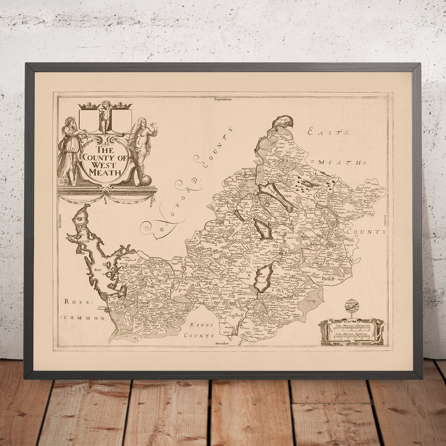 Mapa antiguo del condado de Westmeath por Petty, 1685: Athlone, Mullingar, Delvin, Kinnegad, Moate 