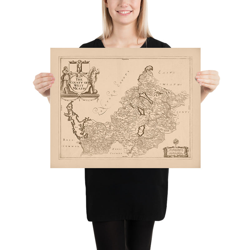 Mapa antiguo del condado de Westmeath por Petty, 1685: Athlone, Mullingar, Delvin, Kinnegad, Moate 