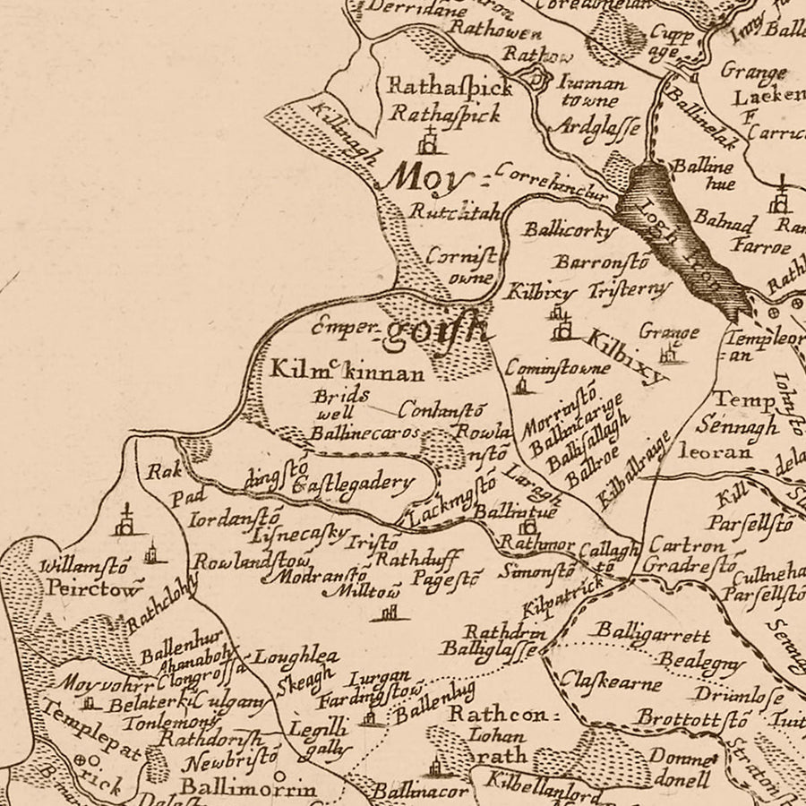 Mapa antiguo del condado de Westmeath por Petty, 1685: Athlone, Mullingar, Delvin, Kinnegad, Moate 