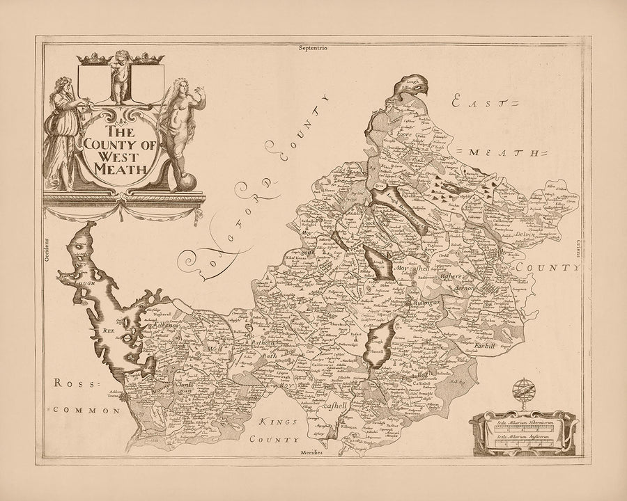 Mapa antiguo del condado de Westmeath por Petty, 1685: Athlone, Mullingar, Delvin, Kinnegad, Moate 