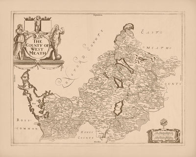 Mapa antiguo del condado de Westmeath por Petty, 1685: Athlone, Mullingar, detallado político y físico