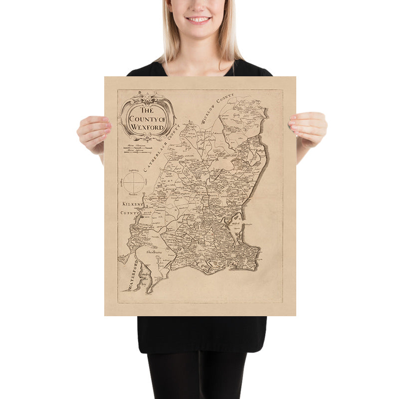 Ancienne carte du comté de Wexford par Petty, 1685 : Clonmines, Enniscorthy, New Ross, Bannow, Duncormick 