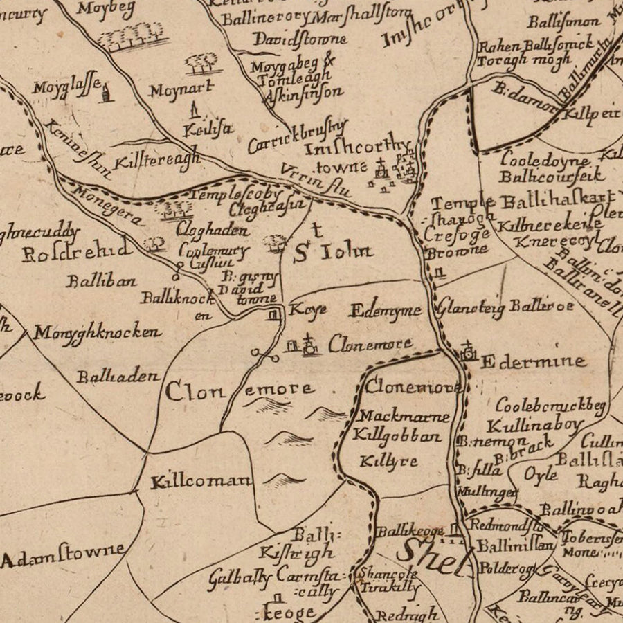 Ancienne carte du comté de Wexford par Petty, 1685 : Clonmines, Enniscorthy, New Ross, Bannow, Duncormick 
