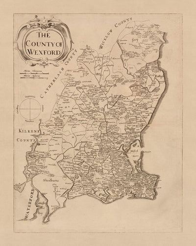 Ancienne carte du comté de Wexford par Petty, 1685 : Wexford, Enniscorthy, New Ross, l'abbaye de Tintern, le phare de Hook