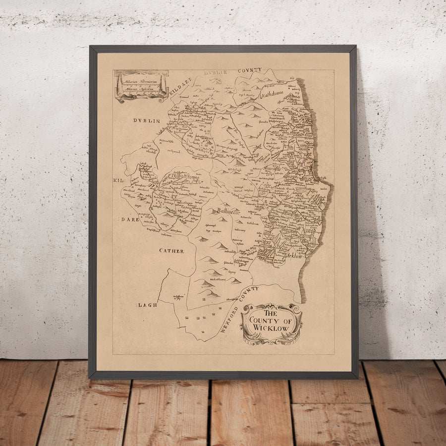 Ancienne carte du comté de Wicklow par Petty, 1685 : montagnes de Wicklow, Glendalough, Arklow, Bray, Blessington