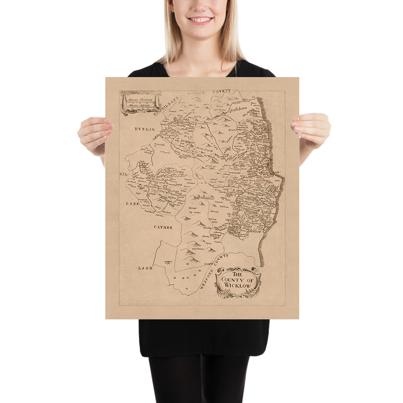 Ancienne carte du comté de Wicklow par Petty, 1685 : montagnes de Wicklow, Glendalough, Arklow, Bray, Blessington