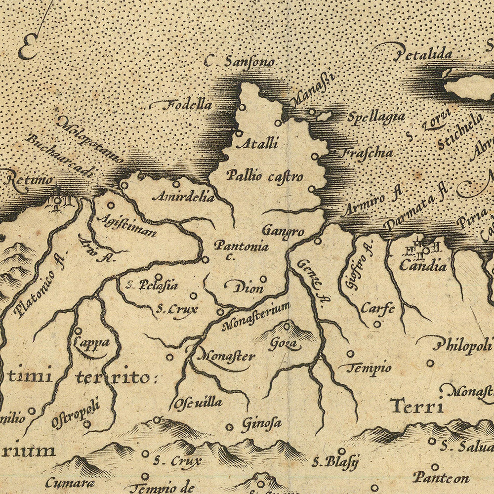 Ancienne carte de la Grèce par Mercator, 1610 : Crète, Corfou, Zante, Santorin, montagnes