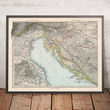 Ancienne carte de la Croatie et de la Bosnie par Adolf Stieler, 1894 : mer Adriatique, côte dalmate et montagnes Velebit