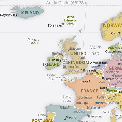 Límites políticos del mapa del Viejo Mundo, 2023: CIA, proyección Robinson, capitales y ciudades principales