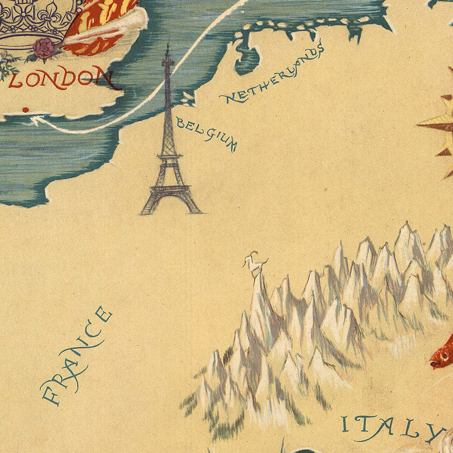 Ancien plan de croisière de la Cunard Caronia Coronation, 1953 : Londres, Paris, Rome, Gibraltar, Athènes 