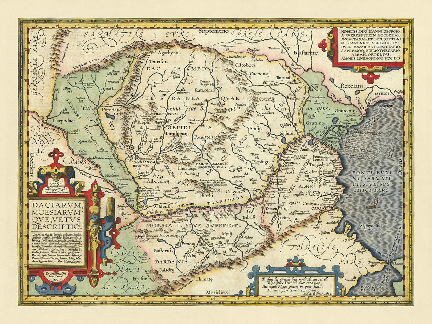 Old Map of Romania and Bulgaria by Ortelius, 1603: Danube River, Carpathian Mountains, Black Sea, Dacia, Moesia