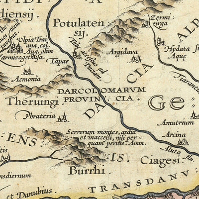 Mapa antiguo de Rumanía y Bulgaria de Ortelius, 1603: río Danubio, montes Cárpatos, mar Negro, Sarmizegetusa, Tracia