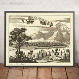 Alte Birdseye-Karte von Damaskus von Koppmayr, 1684: Kuppeln, Minarette, Berge, Grünflächen, Menschliche Aktivitäten 