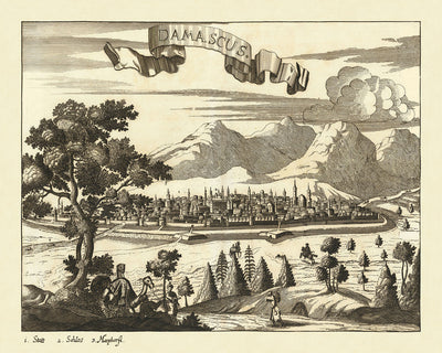 Antiguo mapa a vista de pájaro de Damasco por Koppmayr, 1684: cúpulas, minaretes, montañas, vegetación, actividades humanas