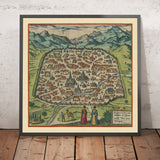 Mappa antica di Damasco di Braun & Hogenberg, 1599: Mura fortificate, Moschee, Via Recta, Montagne, Vie d'acqua 