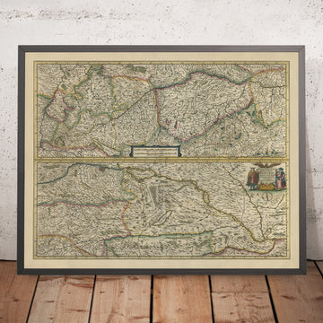 Alte Karte der Donau in Europa von Mercator und Hondius, 1633: Wien, Budapest, Belgrad, Alpen, Ungarn 