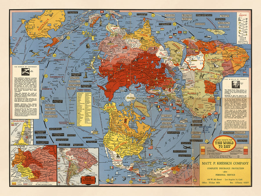 Antiguo mapa de la Tierra plana "El mundo actual" de Stanley Turner, 1948: Mapa azimutal de la Tierra plana del Polo Norte