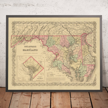 Alte Karte von Delaware, Maryland und Washington D.C. von J.H. Colton, 1859: Wilmington, Baltimore, Annapolis, Dover 