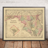 Alte Karte von Delaware, Maryland und Washington D.C. von J.H. Colton, 1859: Wilmington, Baltimore, Annapolis, Dover 