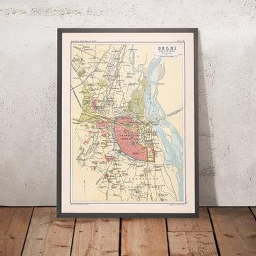 Vecchia mappa di Delhi di Bartholomew, 1893: Shahjahanabad, Jumma Musjid, fiume Yamuna, Porta di Delhi, Porta di Cashmere 