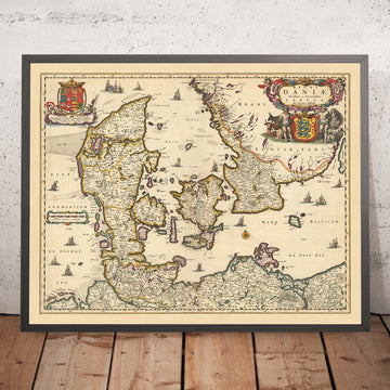 Old Map of Denmark by Visscher, 1690: Gothenburg, Copenhagen, Hamburg, Malmö, Wadden Sea National Park