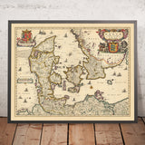 Old Map of Denmark by Visscher, 1690: Gothenburg, Copenhagen, Hamburg, Malmö, Wadden Sea National Park