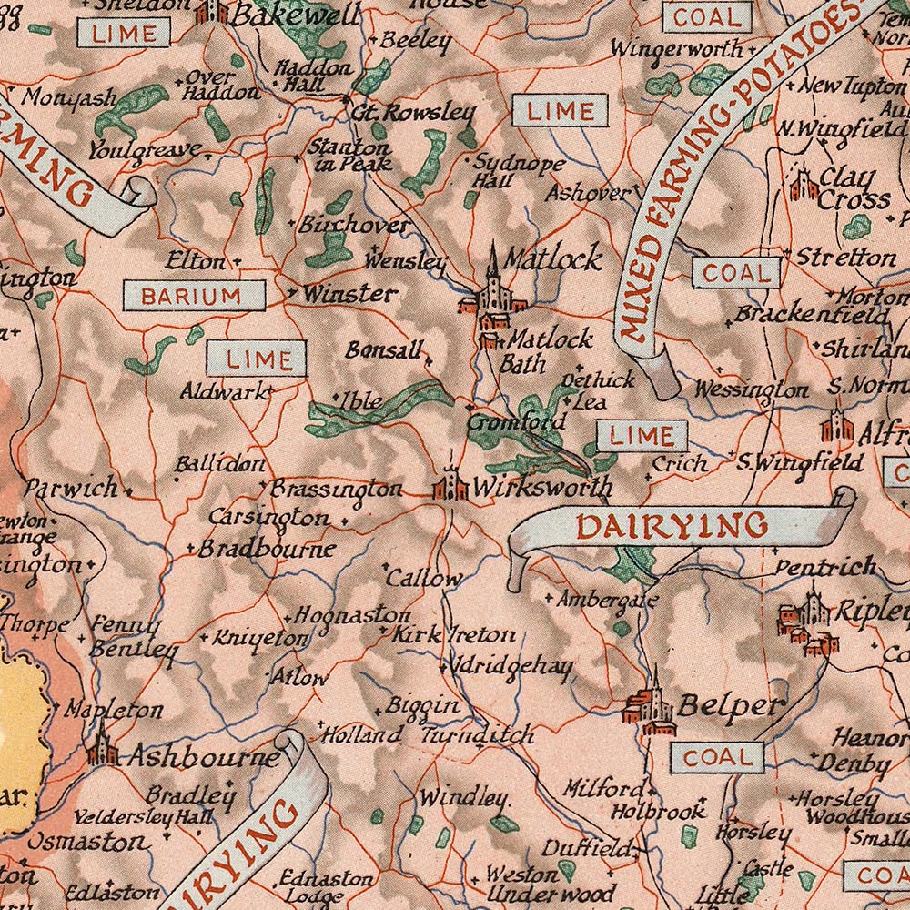 Ancienne carte illustrée du Derbyshire par Clegg, 1946 : Derby, Chatsworth, Kedleston, Hardwick, Haddon