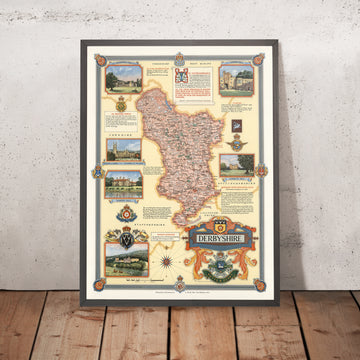 Vecchia mappa pittorica del Derbyshire di Clegg, 1946: Derby, Chatsworth, Kedleston, Hardwick, Haddon 