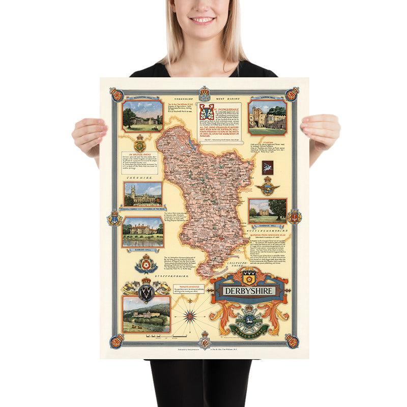 Mapa ilustrado antiguo de Derbyshire realizado por Clegg en 1946: Derby, Chatsworth, Kedleston, Hardwick y Haddon