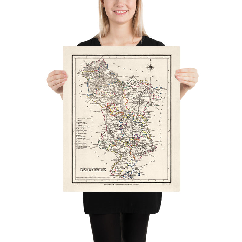 Ancienne carte du Derbyshire par Samuel Lewis, 1844 : Buxton, Ashbourne, Matlock, Bakewell, Chatsworth House