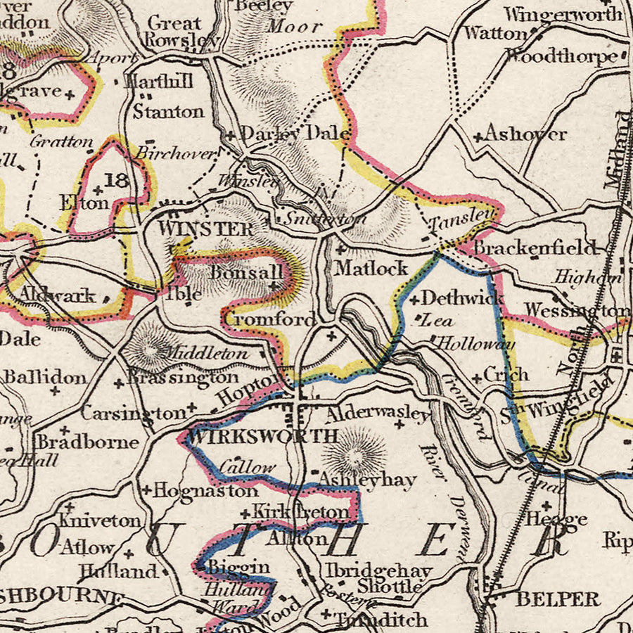 Ancienne carte du Derbyshire par Samuel Lewis, 1844 : Buxton, Ashbourne, Matlock, Bakewell, Chatsworth House