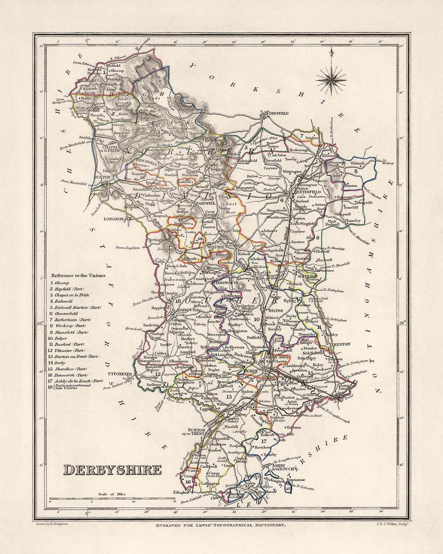 Ancienne carte du Derbyshire par Samuel Lewis, 1844 : Buxton, Ashbourne, Matlock, Bakewell, Chatsworth House