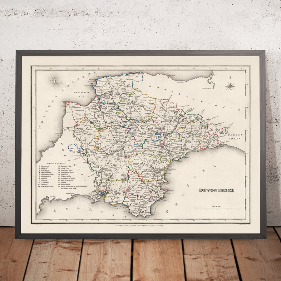 Old Map of Devon by Samuel Lewis, 1844: Exeter, Plymouth, Torquay, Paignton, and Barnstaple