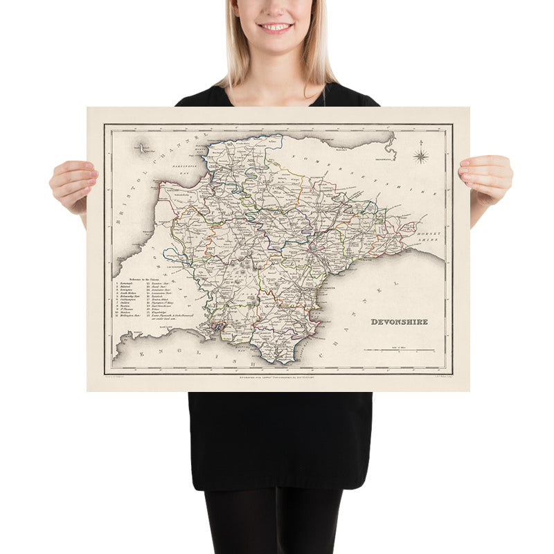 Old Map of Devon by Samuel Lewis, 1844: Exeter, Plymouth, Torquay, Paignton, and Barnstaple