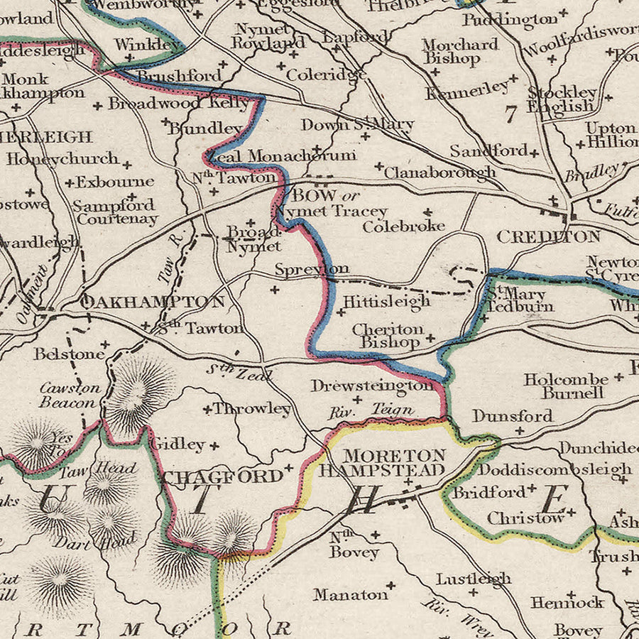Old Map of Devon by Samuel Lewis, 1844: Exeter, Plymouth, Torquay, Paignton, and Barnstaple