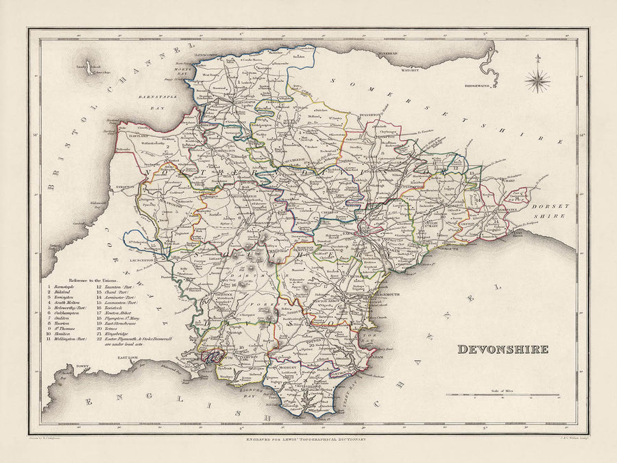 Old Map of Devon by Samuel Lewis, 1844: Exeter, Plymouth, Torquay, Paignton, and Barnstaple